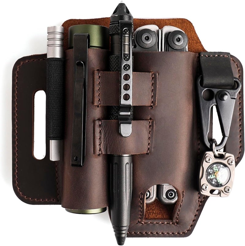 topstache Multitool Sheath for Belt - EDC Belt Organizer - Leather Multitool Holster with Flashlight Holder, Elastic Band Pen Holder and Keychain Clip - Multitool Holder - Multitool Pouch, Darkbrown - Image 1